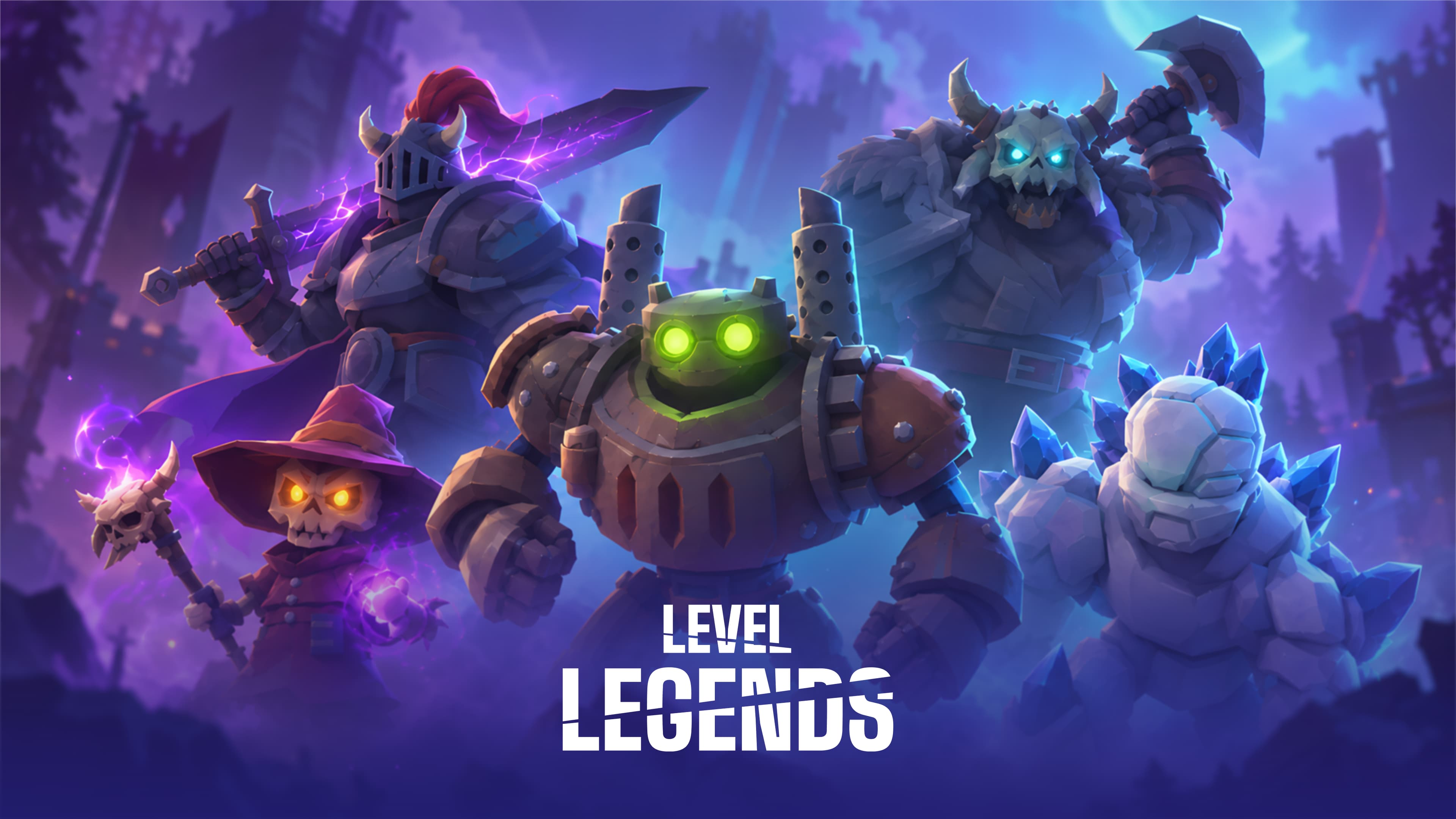 Level Legends key art: a knight, a skeleton mage, a steam golem, an undead brute and a crystal golem behind the game logo